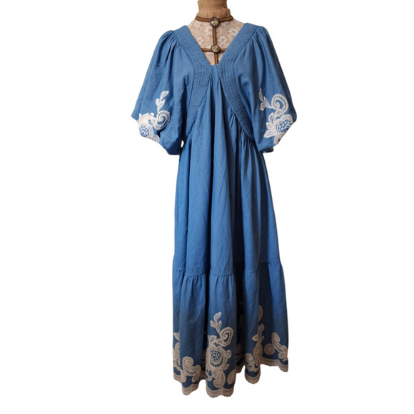 ACONICONI Bluebell denim and lace Puff Sleeve Maxi Dress size XL - Picture 2 of 9